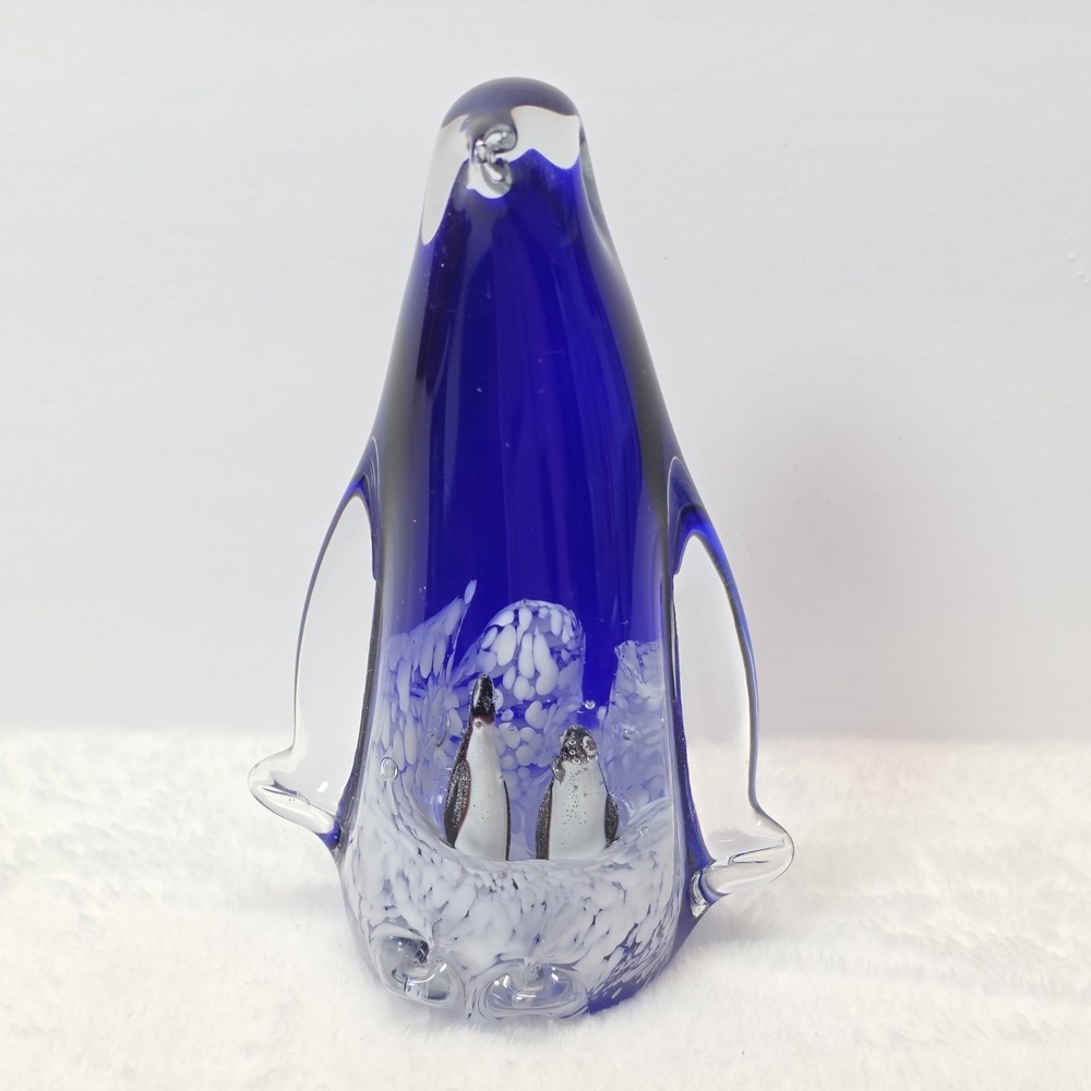 Art Glass Penguin Paperweight Cobalt Blue With Babies In Snow Figure Gift Co